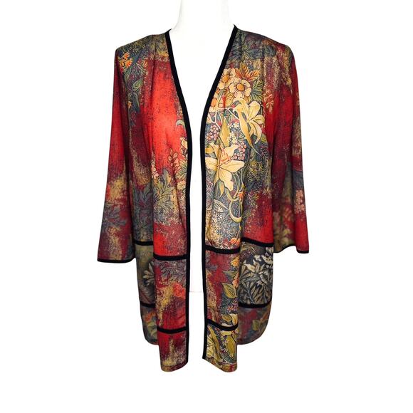 Soft Surroundings Kimono Cardigan Red Patchwork Black Trim Womens Petite Large - Picture 1 of 7